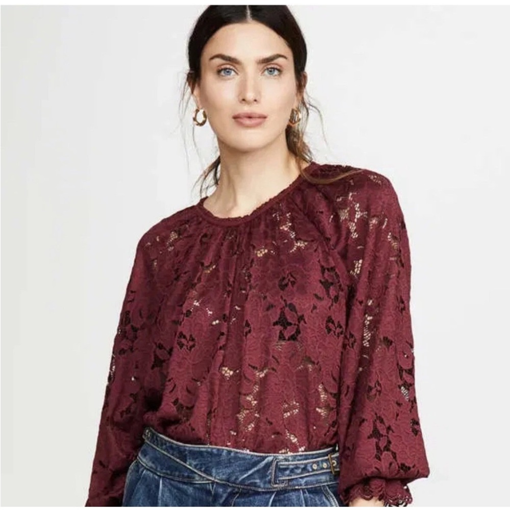 Free People Olivia Wine Red Sheer Lace Top Blouse with Balloon Sleeve Size XL